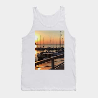 Peaceful sunset over marina with sailboat mast on Baltic sea in Langballig yachting harbor, Schleswig- Flensburg, Germany Tank Top